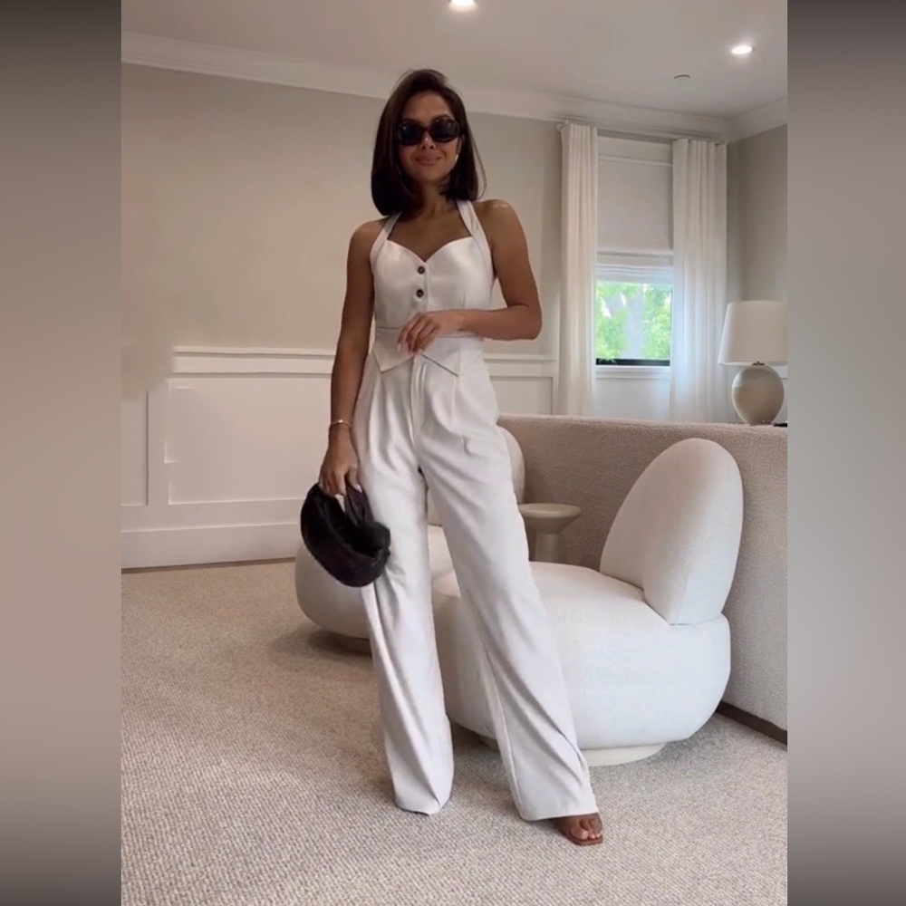 Women’s Cream Wide-Leg Jumpsuit with Button Front